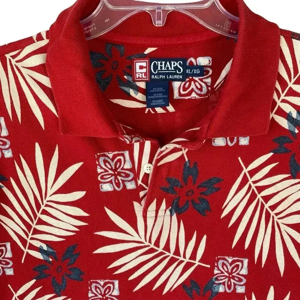 Ralph Lauren Chaps Vintage Hawaiian Short Sleeve Knit Polo Shirt XL Red Cotton